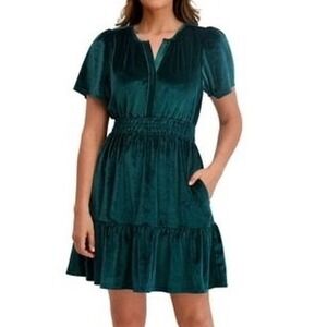 French Connection Green Velvet Smocked Waist Tiered Mini Dress Small NEW